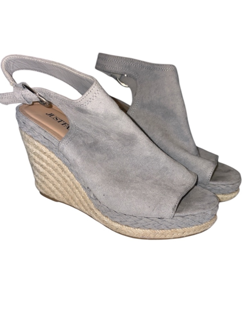 JustFab Light Gray Suede Espadrille Wedge Sandals Keely style line Size 6.5